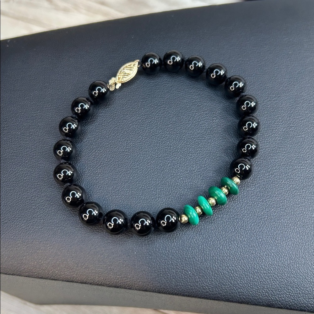 Black Onyx and Green Malachite Bracelet with 14k clasp stamped IWI